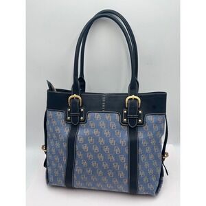 Dooney & Bourke Monogram Denim Leather Tote Bag Blue Navy Gold Buckle J8394132